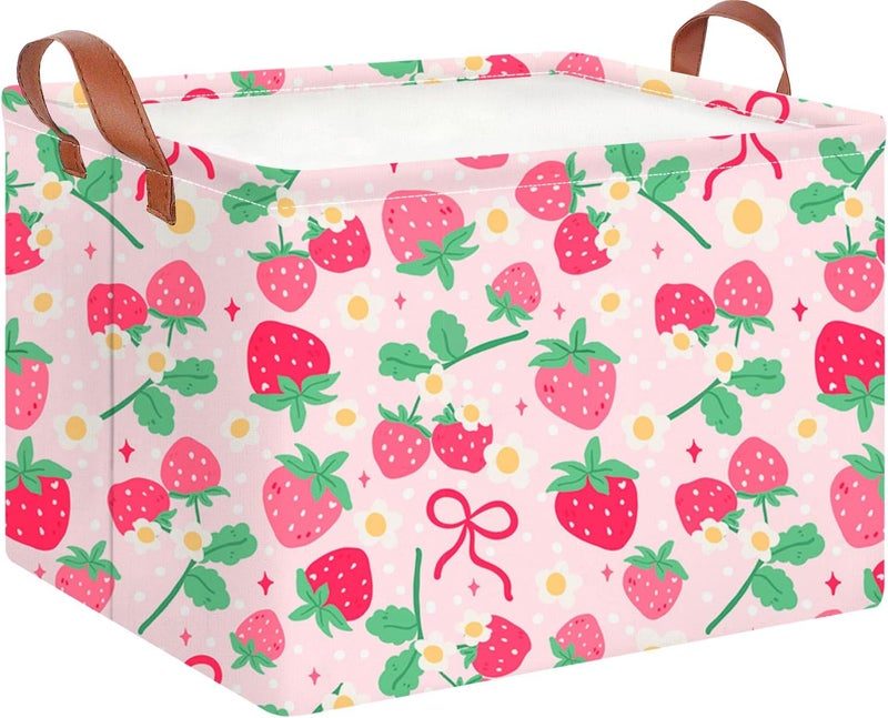 CLOCOR Rectangular Storage Basket Empty,Gift Basket,Waterproof Storage Bin with Handles,Room Decor(Sweet Strawberry) - Image 1